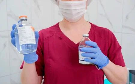 Врач стоит с раствором для капельницы